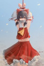 Rule 34 | 1girl, absurdres, armpits, arms up, ascot, black hair, bound, bound wrists, commentary, commission, covered mouth, cowboy shot, detached sleeves, english commentary, eyelashes, flower knot, frilled skirt, frills, gag, hair between eyes, hair tubes, hakurei reimu, highres, improvised gag, looking at viewer, lufi ays, medium hair, midriff, mixed-language commentary, navel, nontraditional miko, orange eyes, red skirt, restrained, rope, sarashi, sidelocks, skirt, solo, tape, tape gag, tied up (nonsexual), touhou, tsurime, twitter username, wind, yellow ascot