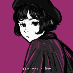 Rule 34 | 1girl, absurdres, black eyes, black hair, black hat, english text, hat, highres, limited palette, looking at viewer, miyoshi yoshimi, original, purple background, short hair, simple background, solo, upper body