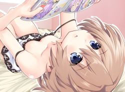 Rule 34 | 1girl, bare shoulders, blanc (neptunia), blue eyes, blush, book, breasts, brown hair, iwashi dorobou -r-, looking at viewer, neptune (series), reading, short hair, small breasts, solo