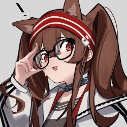 Rule 34 | 1girl, absurdres, angelina (arknights), animal ears, arknights, bespectacled, brown hair, chichi guai, coat, commentary, fox ears, glasses, grey background, grey shirt, hairband, highres, infection monitor (arknights), long sleeves, nervous sweating, open mouth, red eyes, red hairband, shirt, simple background, sketch, solo, striped clothes, striped hairband, sweat, symbol-only commentary, twintails, upper body, white coat