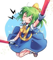 Rule 34 | 1girl, ascot, blouse, blue background, blue dress, blush, bow, brown footwear, closed eyes, commentary request, cookie (touhou), daiyousei, diyusi (cookie), dress, dual wielding, full body, gloves, green hair, hair between eyes, hair bow, high-visibility vest, holding, lightning bolt symbol, looking at viewer, medium hair, pinafore dress, ponytail, puffy short sleeves, puffy sleeves, shirt, shoes, short sleeves, sleeveless dress, socks, solo, sparkle, touhou, traffic baton, whistle, whistling, white background, white gloves, white shirt, white socks, xox xxxxxx, yellow ascot, yellow bow