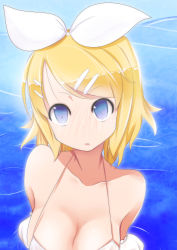 Rule 34 | 1girl, alternate breast size, bikini, blonde hair, blue eyes, blush, breasts, cleavage, collarbone, hair ribbon, highres, huge breasts, kagamine rin, looking at viewer, open mouth, pon (shind 997), ribbon, short hair, solo, swimsuit, upper body, vocaloid, white bikini