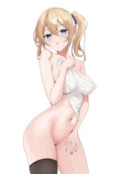 Rule 34 | 1girl, blonde hair, blue eyes, blush, breasts, cleft of venus, coro fae, covering breasts, covering privates, cowboy shot, hair ornament, hair scrunchie, hayasaka ai, highres, kaguya-sama wa kokurasetai ~tensai-tachi no renai zunousen~, large breasts, looking at viewer, maid, navel, nude, nude cover, pussy, scrunchie, side ponytail, solo, thighhighs, thighs, uncensored