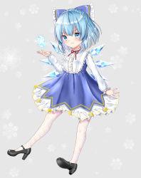 Rule 34 | 1girl, :3, absurdres, adapted costume, arm up, black footwear, blue dress, blue eyes, blue hair, blush, bow, cirno, commentary request, dress, embroidered dress, full body, grey background, hair between eyes, hair bow, half updo, high heels, highres, ice, lace, lace legwear, layered dress, long sleeves, looking at viewer, mary janes, nyanyanoruru, pantyhose, pinafore dress, shirt, shoe soles, shoes, simple background, sleeveless dress, smile, snowflake background, snowflakes, solo, touhou, white pantyhose, white shirt, wings