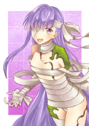 Rule 34 | bandages, bandages, bare shoulders, breasts, cleavage, eyepatch, fate (series), highres, kingprotea (fate), moss, naked bandage, one eye closed, open mouth, purple eyes, purple hair, small breasts, smile