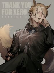 Rule 34 | 1boy, absurdres, animal ears, arknights, artist name, asymmetrical bangs, black collar, black pants, blonde hair, blue shirt, brown eyes, brown jacket, buttons, closed mouth, collar, collared shirt, commission, commissioner name, cowboy shot, crossed legs, english text, fingernails, gauntlets, go e 0000, grey background, grey necktie, hair over one eye, hand on own face, hand up, highres, horse boy, horse ears, horse tail, jacket, leather, leather jacket, lips, long sleeves, looking at viewer, looking down, male focus, mature male, medium hair, mlynar (arknights), mullet, necktie, nose, pants, parted bangs, parted lips, shirt, simple background, single gauntlet, sitting, skeb commission, solo, tail, teeth, text background, thank you