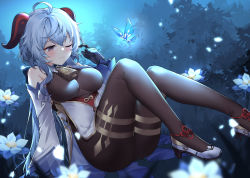 Rule 34 | 1girl, ahoge, bare shoulders, bell, black gloves, black legwear, blue flower, blue hair, blush, breasts, bug, butterfly, detached sleeves, flower, ganyu (genshin impact), genshin impact, glaze lily, gloves, gold trim, high heels, highres, horns, insect, knees up, long hair, looking at another, medium breasts, neck bell, night, one eye closed, purple eyes, shrimp cake, sidelocks, sitting, solo, thighlet, wavy mouth, white sleeves
