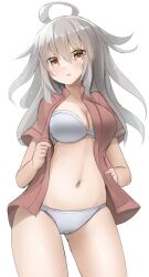 Rule 34 | 1girl, ahoge, bra, breasts, brown eyes, cleavage, collared shirt, contrapposto, gangut (kancolle), grey hair, highres, kantai collection, large breasts, long hair, navel, one-hour drawing challenge, open clothes, open shirt, panties, red shirt, redundant-cat, shirt, solo, standing, underwear, white bra, white panties