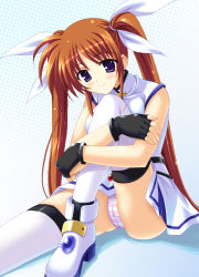 Rule 34 | 00s, 1girl, black gloves, blue eyes, blush, brown hair, cameltoe, fingerless gloves, gloves, lyrical nanoha, mahou shoujo lyrical nanoha, mahou shoujo lyrical nanoha strikers, panties, pantyshot, purple eyes, rakkyo, shoes, sitting, solo, striped clothes, striped panties, takamachi nanoha, thighhighs, twintails, underwear, white footwear, white thighhighs, yuumin
