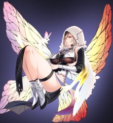 Rule 34 | 1girl, aponia (honkai impact), black dress, blonde hair, blue eyes, breast curtains, breasts, bug, butterfly, detached sleeves, dress, gem, hair between eyes, highres, honkai (series), honkai impact 3rd, insect, jewelry, kei (soundcross), large breasts, long hair, long sleeves, looking at viewer, mole, mole under eye, open mouth, pelvic curtain, pendant, sidelocks, solo, sparkle, thighs, two-tone dress, veil, white dress