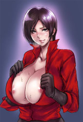 Rule 34 | 1girl, ada wong, areola slip, black eyes, black hair, blush, bob cut, breasts, breath, capcom, cleavage, gloves, huge breasts, lips, nipples, no bra, open clothes, popped collar, purple background, resident evil, resident evil 6, sgk, short hair, smile, solo, standing, sweat, unbuttoned, undressing