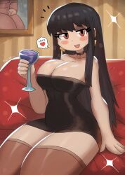 1girl alcohol arm_support black_dress black_hair blush breasts brown_thighhighs choker cleavage collarbone couch cup dress drink drinking_glass earrings eyeshadow heart holding holding_drinking_glass jewelry large_breasts long_hair looking_at_viewer makeup open_mouth picture_frame red_eyes red_lips sitting smile sparkle speech_bubble spoken_heart spy_x_family strapless strapless_dress teeth thick_thighs thighhighs thighs tony_welt wide_hips wine wine_glass yor_briar