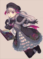 Rule 34 | 10s, 1girl, black gloves, black hat, black pantyhose, blush, book, dress, fate/extra, fate (series), food print, full body, gloves, hat, long hair, looking at viewer, mushroom print, nursery rhyme (fate), open mouth, outstretched arm, pantyhose, peroncho, purple eyes, ribbon, simple background, solo, white hair