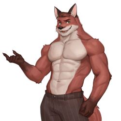 Rule 34 | 1boy, abs, absurdres, animal ears, brown pants, commentary, echo project, english commentary, fangs, fox boy, fox ears, fox tail, furry, furry male, green eyes, highres, looking at viewer, male focus, murdoch byrnes (the smoke room), muscular, muscular male, open mouth, pants, pectorals, pinstripe pants, pinstripe pattern, smile, tail, the smoke room, tigre (raytig12), topless male, whiskers, white background