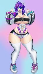 Rule 34 | 1girl, absurdres, bandaid, bandaid on face, bandaid on nose, blue background, blue eyes, blue hair, breasts, choker, collarbone, detached sleeves, full body, gradient background, hair between eyes, highres, indie virtual youtuber, kyelyn, large breasts, looking at viewer, melody (projektmelody), narrow waist, navel, open mouth, pink background, pink hair, purple background, purple hair, shoes, short hair, short shorts, shorts, sidelocks, smile, sneakers, solo, standing, strap, strapless, teeth, thick thighs, thigh gap, thighhighs, thighs, tongue, tube top, underboob, upper teeth only, virtual youtuber, vshojo, white thighhighs