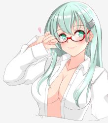 Rule 34 | 1girl, aqua eyes, aqua hair, bespectacled, breasts, cleavage, commentary request, cropped torso, dress shirt, glasses, grey background, hair ornament, hairclip, highres, kantai collection, large breasts, long hair, nitamako (sakamalh), no bra, red-framed eyewear, shirt, simple background, solo, suzuya (kancolle), upper body