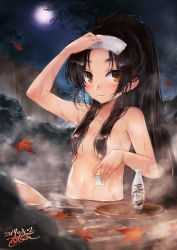 Rule 34 | 1girl, bathing, black hair, breasts, brown eyes, choko (cup), cup, falling leaves, floating, hair censor, hair over breasts, high ponytail, highres, holding, holding cup, kantai collection, leaf, long hair, moon, night, night sky, nisshin (kancolle), nude, onsen, outdoors, parted bangs, partially submerged, short eyebrows, sitting, sky, small breasts, solo, steam, thick eyebrows, toka (marchlizard), tokkuri, towel, towel on head, tray, water, wet, white towel