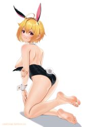 Rule 34 | 1girl, :q, ahoge, animal ears, ass, bare legs, barefoot, black hairband, black leotard, blonde hair, blush, breasts, casino (casinoep), fake animal ears, fake tail, feet, from behind, full body, hair between eyes, hairband, highres, holding own arm, ibuki tsubasa, idolmaster, idolmaster million live!, kneeling, knees together feet apart, large breasts, legs, leotard, leotard pull, looking back, nipples, playboy bunny, rabbit ears, rabbit tail, red eyes, short hair, simple background, soles, solo, tail, toes, tongue, tongue out, white background, wrist cuffs