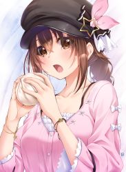 Rule 34 | 1girl, black hat, bracelet, breasts, brown eyes, brown hair, commentary request, eating, food, hair between eyes, hands up, hat, hat ornament, highres, holding, holding food, hololive, jewelry, kamishiro mai (capti-no), long hair, long sleeves, looking at viewer, open mouth, pink shirt, ponytail, shirt, solo, star (symbol), star hat ornament, tokino sora, tokino sora (casual), upper body, virtual youtuber