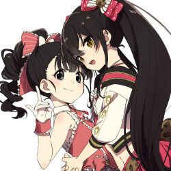 Rule 34 | 2girls, alternate hairstyle, animal print, bare shoulders, black eyes, black hair, blush, bow, bowtie, breasts, closed mouth, cross tie, dot nose, dress, dress bow, drill hair, drill ponytail, flat chest, fox shadow puppet, frilled dress, frilled ribbon, frills, from side, fukuyama mai, ganeshia, gloves, hair between eyes, hair bow, hair ribbon, hand up, highres, hug, idolmaster, idolmaster cinderella girls, idolmaster cinderella girls starlight stage, jacket, leopard print, long hair, long sleeves, looking at viewer, matoba risa, midriff, multiple girls, navel, open mouth, pink bow, pink dress, pink wrist cuffs, ponytail, print belt, red ribbon, red skirt, ribbon, simple background, skirt, sleeveless, sleeveless dress, small breasts, smile, striped ribbon, teeth, twintails, upper teeth only, white background, white bow, white bowtie, white gloves, white jacket, wrist cuffs, yellow eyes