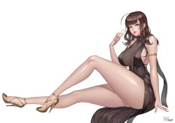 Rule 34 | 1girl, ahoge, alcohol, armlet, artist name, bad id, bad pixiv id, bare shoulders, black dress, blunt bangs, bodysuit, breasts, brown hair, champagne, champagne flute, covered erect nipples, cup, dress, drinking glass, dsr-50 (girls&#039; frontline), dsr-50 (highest bid) (girls&#039; frontline), earrings, gem, girls&#039; frontline, gold footwear, high heels, highres, invisible chair, jewelry, karmiel, large breasts, legs, lips, long hair, long legs, looking at viewer, no bra, official alternate costume, parted lips, red eyes, red lips, see-through, shoes, sideboob, sitting, solo, thick thighs, thighs, very long hair, yellow footwear