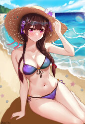 1girl absurdres bare_arms beach bikini black_hair blue_sky blush braid breasts brown_hair cleavage closed_mouth cloud collarbone day eyewear_on_head hair_ornament hair_ribbon hat hat_ribbon highres horizon lens_flare long_hair looking_at_viewer medium_breasts navel ocean original outdoors purple_bikini purple_eyes ribbon shell shem_kako side-tie_bikini_bottom sitting sky smile solo starfish straw_hat summer sun_hat swimsuit twin_braids x_hair_ornament