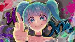 Rule 34 | 1girl, blunt bangs, collarbone, commentary, earrings, finger gun, foreshortening, graffiti, hachipuyo, hair ornament, hairclip, hand up, hatsune miku, jewelry, lace collar, light particles, long hair, looking at viewer, off-shoulder shirt, off shoulder, paint splatter, pointing, pointing at viewer, portrait, shirt, smile, solo, splatter, twintails, v-shaped eyebrows, vocaloid
