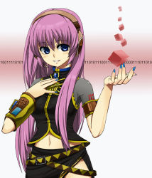 Rule 34 | 1girl, armband, asymmetrical sleeves, belt, black skirt, blue eyes, blue nails, blush, brooch, cube, detached sleeves, female focus, gem, hand on own chest, headphones, jewelry, long hair, looking at viewer, megurine luka, midriff, multiple belts, nail polish, navel, parted lips, pink hair, pizzadev, blue gemstone, see-through, side slit, single sleeve, skirt, smile, solo, tattoo, turtleneck, uneven sleeves, vocaloid, yellow detached sleeves