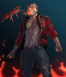 Rule 34 | 1boy, ashes, bara, denim, fire, highres, hockey mask, jacket, jeans, male focus, mask, mature male, muscular, muscular male, night, night sky, official alternate costume, open clothes, open jacket, overwatch, overwatch 1, paid reward available, pants, pectoral cleavage, pectorals, red jacket, scar, scar on chest, shirt, shoulder spikes, signature, sky, slasher: 76, soldier: 76 (overwatch), solo, spikes, tank top, thedamnthinguy, torn clothes, torn jeans, torn pants, torn shirt, white hair, white tank top