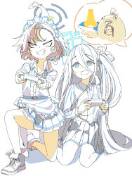 Rule 34 | 3girls, absurdly long hair, ahoge, aris (blue archive), blue archive, blue eyes, blue halo, boko (maniacpurple), center frills, collared shirt, controller, emoji, frills, game controller, grin, halo, highres, holding, holding controller, holding game controller, huge ahoge, long hair, long sleeves, mole, mole under each eye, mole under eye, multiple girls, multiple moles, neru (blue archive), one side up, pleated skirt, shirt, shoes, short hair, simple background, skirt, smile, very long hair, white background, yuzu (blue archive)