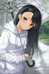 Rule 34 | 1girl, absurdres, black hair, blurry, blurry background, blush, brown eyes, commentary request, cowboy shot, day, drawstring, fang, grass, grin, hair ornament, hairclip, head tilt, highres, holding, holding umbrella, hood, hood down, hoodie, ijiranaide nagatoro-san, long hair, long neck, long sleeves, looking at viewer, michelan, nagatoro hayase, outdoors, rain, road, sleeves past wrists, smile, solo, street, transparent, transparent umbrella, tree, umbrella