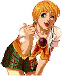 Rule 34 | 1girl, blonde hair, brooch, green eyes, happy, jewelry, leaning forward, lowres, m.u.g.e.n, miniskirt, mouki, one eye closed, open mouth, pixel art, plaid, plaid skirt, school uniform, shinzaki maria, short hair, simple background, skirt, smile, solo, the king of fighters, the king of fighters 2003, thumbs up, white background, wink