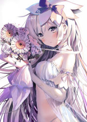 Rule 34 | 1girl, arm ribbon, babydoll, bare shoulders, blush, bouquet, breasts, choker, detached collar, elbow gloves, flower, frilled sleeves, frills, from side, gloves, grey babydoll, grey eyes, grey panties, hair between eyes, hair ornament, hair ribbon, hand up, highres, holding, holding bouquet, long hair, looking at viewer, medium breasts, okotoburi, original, panties, parted lips, purple ribbon, ribbon, see-through, silver hair, simple background, solo, underwear, white background, white flower