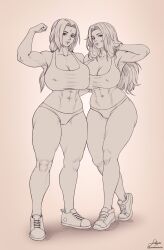 2girls abs absurdres artist_name bare_shoulders bleach breasts collarbone crossover facial_mark forehead_mark highres large_breasts lawnashorart long_hair matsumoto_rangiku mature_female mole mole_under_mouth multiple_girls muscular muscular_female naruto naruto_(series) panties parted_bangs shoes simple_background sports_bra thick_thighs thighs tsunade_(naruto) underwear