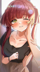 Rule 34 | 1girl, absurdres, amefukura art, blurry, blurry background, blush, casual, collarbone, commentary request, hand on another&#039;s cheek, hand on another&#039;s face, hands up, highres, hololive, houshou marine, long hair, looking at viewer, one eye closed, parted lips, pov, pov hands, red hair, solo focus, twintails, upper body, virtual youtuber, window, yellow eyes
