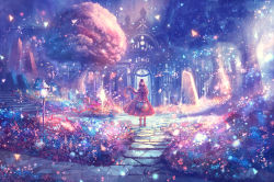 Rule 34 | 1girl, basket, black hair, building, capelet, colorful, dress, fantasy, flower, flower basket, garden, highres, holding, lamppost, light, light particles, long hair, original, path, road, sakimori (hououbds), scenery, solo, stairs, stone, tree, wind