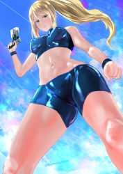 Rule 34 | 1girl, artist name, bare shoulders, blonde hair, blush, bracelet, breasts, cloud, covered erect nipples, from below, green eyes, highres, holding, holding weapon, jewelry, large breasts, long hair, looking at viewer, looking down, metroid, midriff, navel, nintendo, outdoors, ponytail, samus aran, shorts, sky, solo, sports bra, standing, super smash bros., uenoryoma, weapon