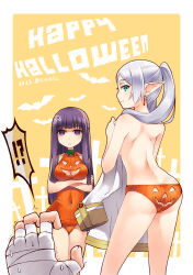 Rule 34 | 1boy, 2girls, anger vein, angry, artist name, bandaged arm, bandages, breasts, commentary, covered navel, crossed arms, earrings, elf, english commentary, fern (sousou no frieren), frieren, green eyes, halloween, halloween costume, highres, holding, holding clothes, jack-o&#039;-lantern, jack-o&#039;-lantern cutout, jewelry, large breasts, long hair, looking at viewer, looking back, multiple girls, old school swimsuit, panties, pointy ears, pov, pov hands, purple eyes, purple hair, school swimsuit, simelu, sousou no frieren, stark (sousou no frieren), swimsuit, twintails, underwear, white hair