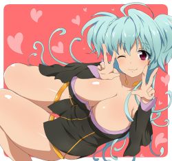 Rule 34 | 10s, 1girl, ahoge, aqua hair, blush, breasts, cagliostro (symphogear), cleavage, highres, large breasts, long hair, looking at viewer, one eye closed, red eyes, senki zesshou symphogear, smile, solo, v