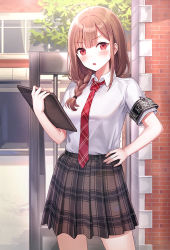 Rule 34 | 1girl, angry, armband, blush, braid, brown hair, brown skirt, building, clipboard, collared shirt, commentary request, hand on own hip, holding, long hair, looking at viewer, necktie, open mouth, original, outdoors, plaid, plaid necktie, plaid neckwear, plaid skirt, pleated skirt, rangu, red eyes, red necktie, school uniform, shirt, short sleeves, skirt, solo, standing, tree, white shirt, window