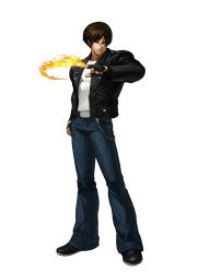 Rule 34 | 1boy, belt, black gloves, brown hair, chain, denim, fingerless gloves, fire, full body, gloves, jacket, jeans, king of fighters xiii, kusanagi kyou, leather, leather jacket, looking at viewer, male focus, official art, ogura eisuke, pants, pyrokinesis, simple background, snk, solo, standing, the king of fighters, the king of fighters xiii, white background