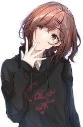 Rule 34 | 1girl, black hoodie, blush, brown eyes, brown hair, commentary request, drawstring, fingernails, hair ornament, hairclip, hand up, head tilt, highres, higuchi madoka, hood, hood down, hoodie, idolmaster, idolmaster shiny colors, long fingernails, long sleeves, looking at viewer, mole, mole under eye, nail polish, parted lips, satoimo chika, short hair, simple background, solo, spread fingers, swept bangs, upper body, white background, white nails