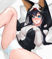 Rule 34 | 1girl, absurdres, animal hood, animal print, ao oni (onioni-aoi), arknights, black hair, black hoodie, blaze (arknights), blue eyes, blush, breasts, cat hood, cat print, commentary, fang, feet out of frame, hairband, hand on own chest, highres, hood, hood up, hoodie, long hair, long sleeves, looking down, lying, medium breasts, no pants, official alternate costume, on back, open mouth, paid reward available, panties, red hairband, skin fang, solo, spread legs, thighs, two-tone hoodie, underwear, white hoodie, white panties