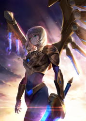 Rule 34 | 1girl, aether wing kayle, alternate costume, armor, blonde hair, bodysuit, breastplate, covered navel, gloves, glowing, gold, green eyes, ha2go, halo, highres, holding, holding sword, holding weapon, jewelry, kayle (league of legends), league of legends, long hair, mechanical wings, mole, mole under eye, necklace, outdoors, shoulder armor, solo, sunset, sword, walking, weapon, wind, wings