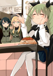Rule 34 | 3girls, :t, anchovy (girls und panzer), anzio military uniform, anzio school uniform, arms behind head, arms up, barashiya, belt, black belt, black cape, black hair, black neckwear, black ribbon, black shirt, black skirt, blonde hair, blurry, blurry foreground, braid, brown eyes, cape, carpaccio (girls und panzer), chair, closed mouth, commentary, depth of field, dress shirt, drill hair, eating, food, fork, girls und panzer, green eyes, green hair, grey jacket, grey skirt, hair ribbon, hand on own face, highres, holding, holding fork, index finger raised, indoors, jacket, light frown, long hair, long sleeves, looking at another, looking to the side, military, military uniform, miniskirt, multiple girls, necktie, pantyhose, pasta, pepperoni (girls und panzer), plate, pleated skirt, ribbon, school uniform, shirt, short hair, side braid, sitting, skirt, smile, spaghetti, standing, table, translation request, twin drills, twintails, uniform, white legwear, white shirt, wing collar