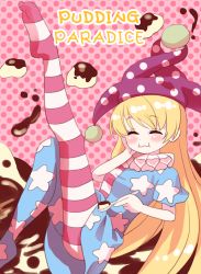 Rule 34 | 1girl, american flag dress, american flag legwear, american flag shirt, bad id, bad pixiv id, blonde hair, blush, closed eyes, clownpiece, eating, food, gorota, hand on own face, happy, hat, highres, jester cap, leg up, long hair, pantyhose, pink background, pudding, short sleeves, soles, solo, touhou, typo, very long hair