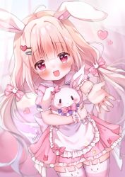 Rule 34 | 1girl, ahoge, animal ears, apron, blunt bangs, blush, bow, child, dress, hair bow, hair ornament, hairclip, hanasakichu, heart, heart hair ornament, highres, hugging object, long hair, looking at viewer, low twintails, open mouth, original, outstretched arm, outstretched hand, pink dress, pink eyes, pink hair, rabbit ears, rabbit girl, ribbon, short dress, short sleeves, smile, solo, striped clothes, striped thighhighs, stuffed animal, stuffed toy, thighhighs, thighs, twintails, very long hair, waist apron, white apron, zettai ryouiki