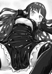 Rule 34 | 1girl, absurdres, ao daidai ki, arm up, assault lily, blush, breasts, buttons, closed mouth, commentary request, cropped jacket, from below, greyscale, hair spread out, halftone, high-waist skirt, highres, juliet sleeves, knee up, leg ribbon, long hair, long sleeves, looking at viewer, lying, medium breasts, miniskirt, monochrome, on back, puffy sleeves, raised eyebrows, ribbon, school uniform, shirai yuyu, shirt, skirt, solo, spread legs, thigh ribbon, thighhighs, very long hair, wavy mouth, white background, yurigaoka girls academy school uniform
