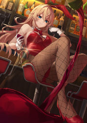 Rule 34 | 1girl, alcohol, bare shoulders, blonde hair, blue eyes, bottle, bow, breasts, character request, crossed legs, cup, detached collar, drinking glass, fishnets, gakaku pr, gloves, hair intakes, high heels, kakutasu, large breasts, legs, leotard, long hair, looking at viewer, medium breasts, pantyhose, playboy bunny, pouring, red bow, red leotard, sitting, solo, wine glass