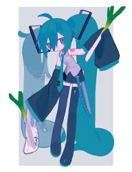 Rule 34 | 1girl, absurdly long hair, bag, blue eyes, blue hair, boots, collared shirt, detached sleeves, food, full body, hatsune miku, highres, holding, holding bag, holding food, htn nm, long hair, long sleeves, looking at viewer, necktie, plastic bag, shirt, sleeveless, sleeveless shirt, sleeves past fingers, sleeves past wrists, smile, solo, spring onion, thigh boots, twintails, very long hair, vocaloid